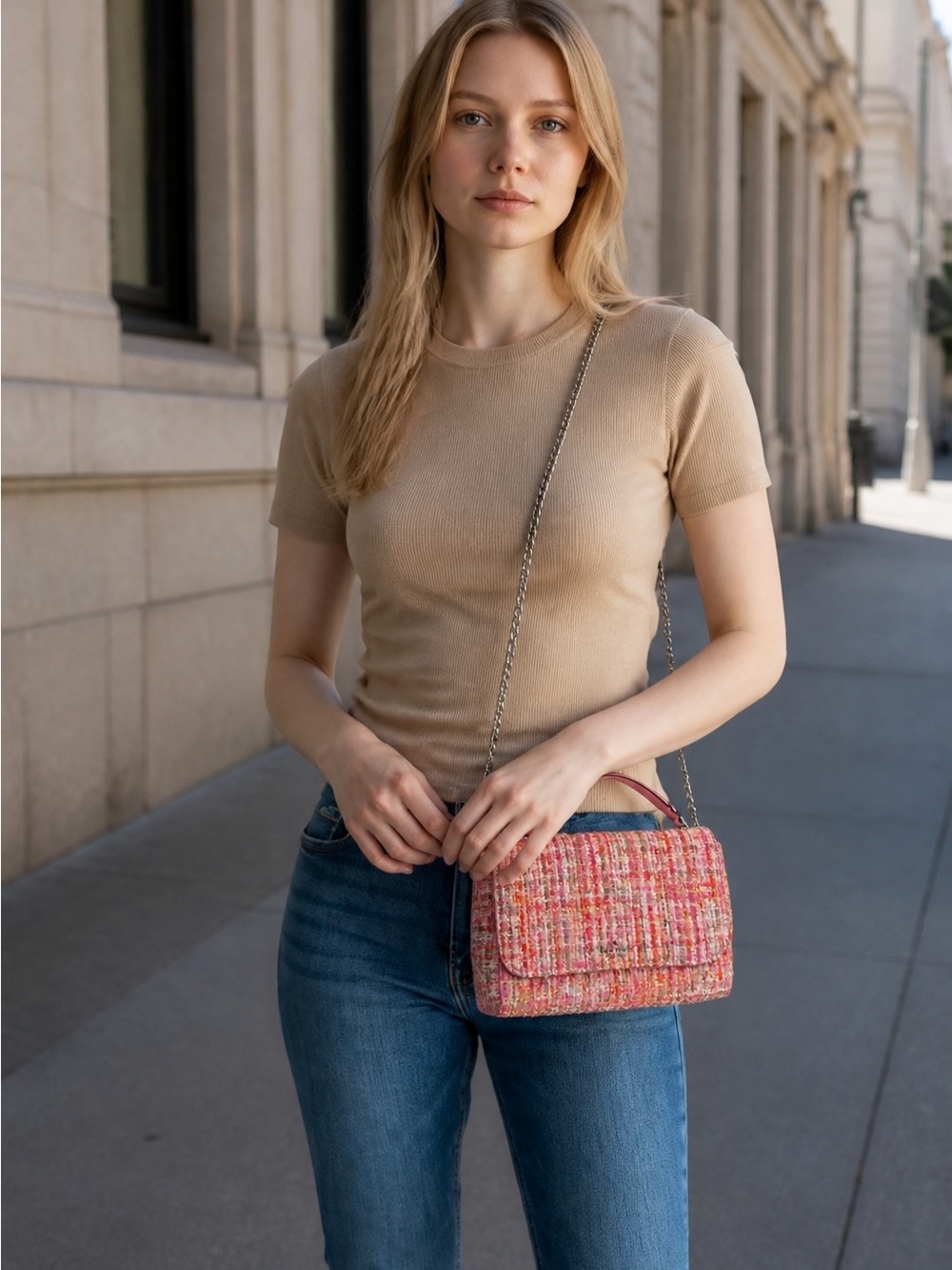 kate spade Pink Tweed Shoulder Bag with Chain Strap and Top Handle